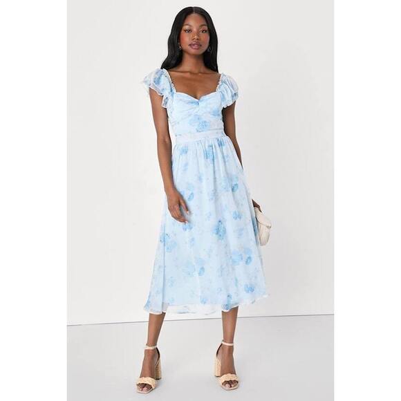 Lulus Dresses & Skirts - Lulus Loveliest Darling Light Blue Floral Ruffled Tie-back Midi Dress - Size XS